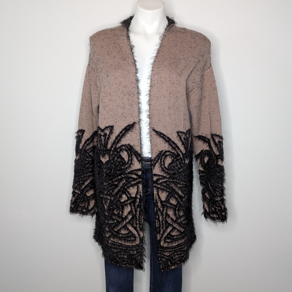 Renuar Pink Black Fuzzy Artsy Artistic Long Sleeve Open Cardigan Sweater M